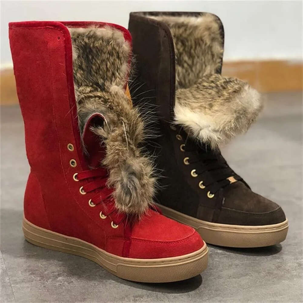 Women Booties Winter Snow Boots Real Rubbits Fur Boots Leather Snow Boot Fashion Shoes Lace Up Casual Suede Fur Shoes Top Quality With Box NO484