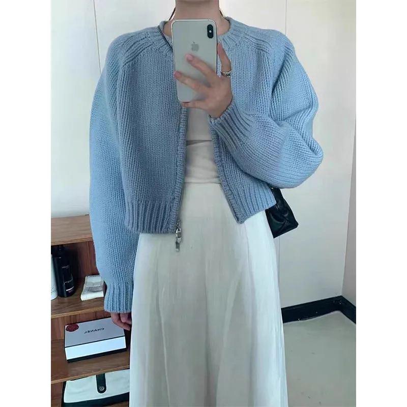 Women's Knits Tees MEXZT Solid Knitted Cardigan Women Sweet Zipper Cropped Sweaters Korean Vintage Casual Knitwear Coat Loose Short Jumpers Jacke