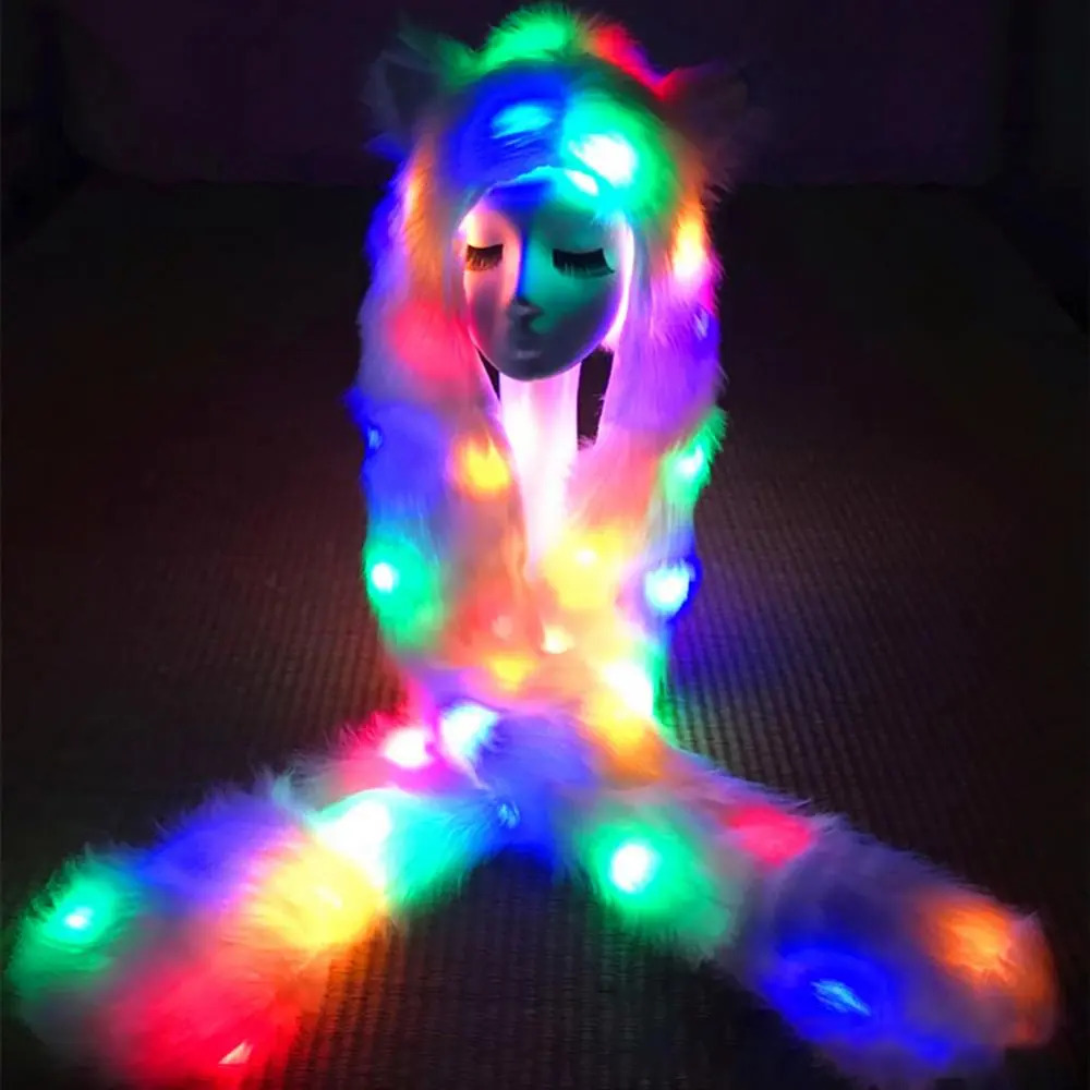 Hats Scarves Sets Women LED Hat Scarf Creative Multicolor LED Light Up Faux Fur Animal Ears Hood Hat with Scarf for Festival Glow Party navidad 231006