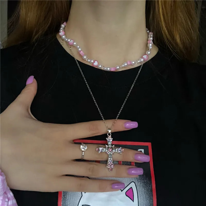 Chokers Goth Candy Color Pink Pearl Peach Heart Beaded Necklace For Female Harajuku Cute Egirl Party Y2K Jewelry Accessory Gift 231006
