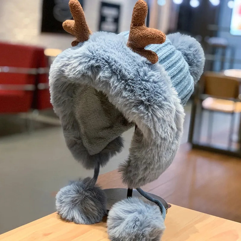 BeanieSkull Caps Winter Beanie Hat for Women Warm Lined Pompoms Antler Earflap Hat Cute Skull Cap Outdoor Ice Skating Biking XMAS Gift 231006