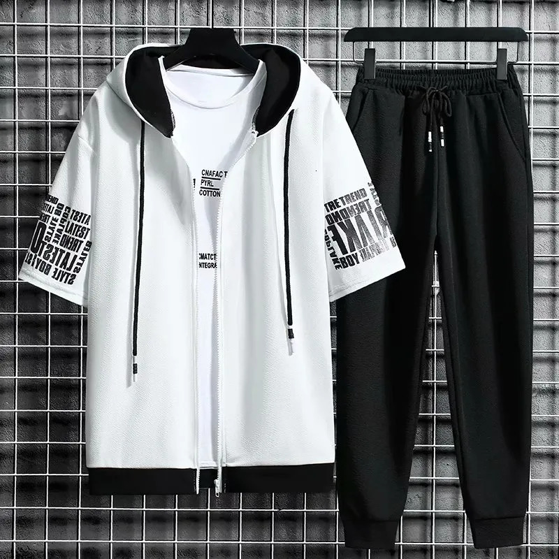 Men's Tracksuits Men's Sets Hooded Zipper Short Sleeve Tops Elastic Waist Trousers Men Clothing Two Piece Set Korean Streetwear Tracksuit Me
