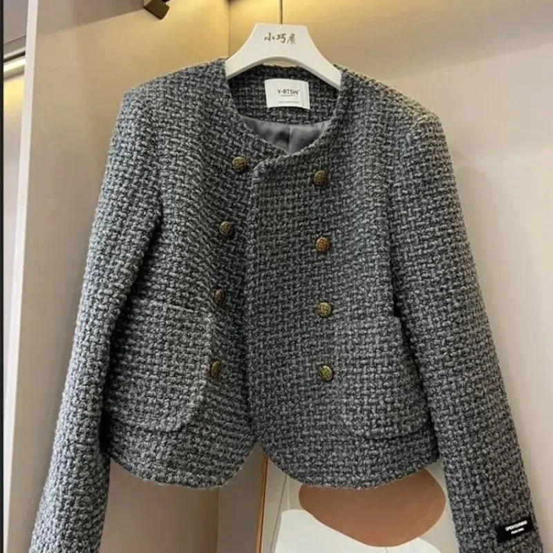 Women's Jackets Grey Fashion Double Breasted Short Suit Coat Women's Autumn Fashion Wearing Thick Tweed High Grade Celebrity Female Top 2310