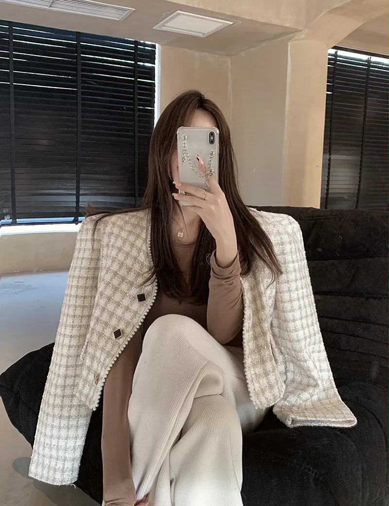 Women's Jackets Women Autumn Winter Pattern Plaid Pearl Edge Temperament Fragrant Coat Girl Tweed Jackets 231006