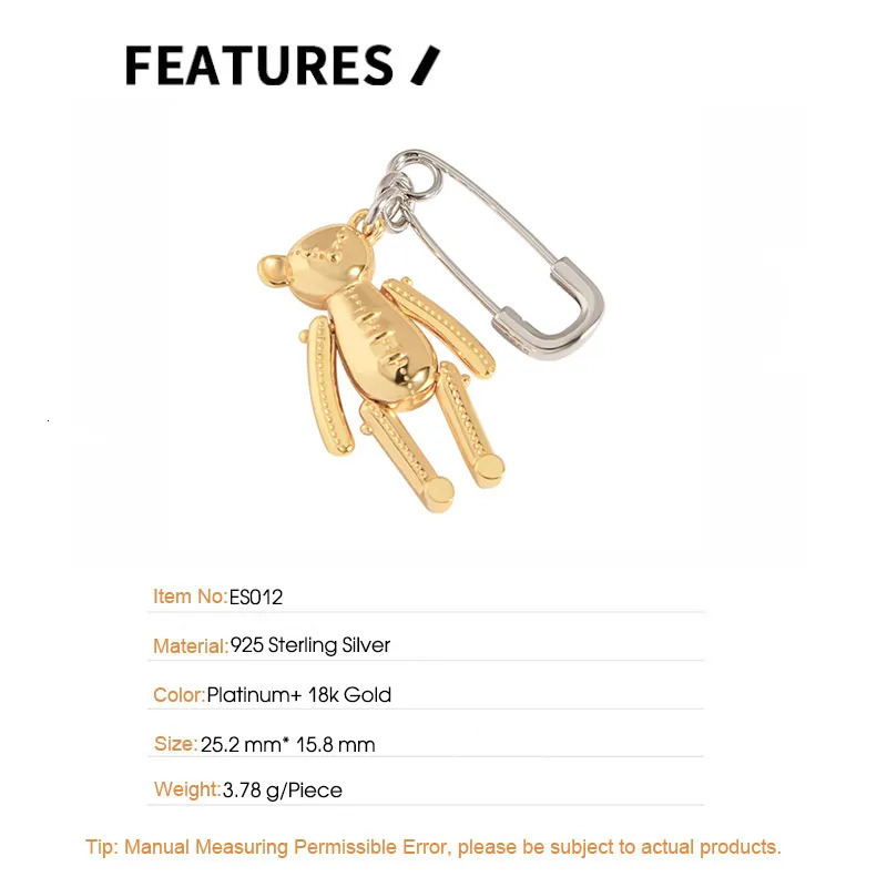 Ear Cuff FINS 1PC CHIC 925 Sterling Silver Earring Only Single Bear Pin Drop Earrings Female Fine Jewelry Prevent Allergy 231005