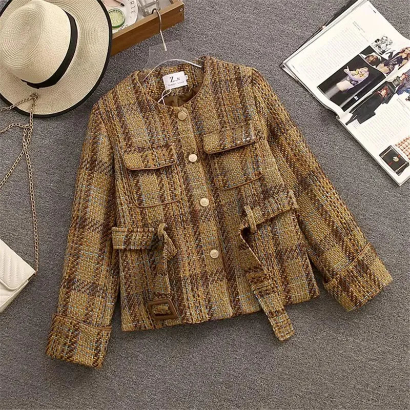 Women's Jackets Elegant Women Khaki Tweed Jacket Chic O-Neck Single Breasted Fashion Plaid Short Coat Pocket Belt Slim Woolen Jacket Female 23100