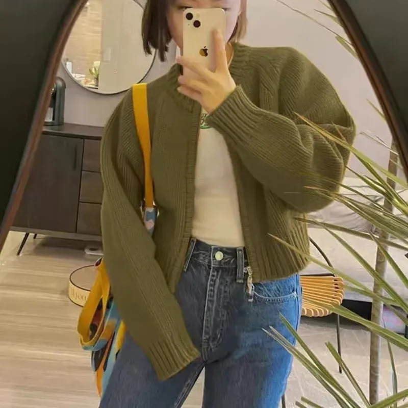 Women's Knits Tees MEXZT Solid Knitted Cardigan Women Sweet Zipper Cropped Sweaters Korean Vintage Casual Knitwear Coat Loose Short Jumpers Jacke
