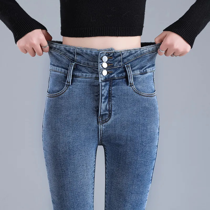 Womens Jeans Women Thermal High Waist Winter Snow Warm Plush Stretch Lady Skinny Thicken Students Denim Pants Fleece Fur Trousers 231005