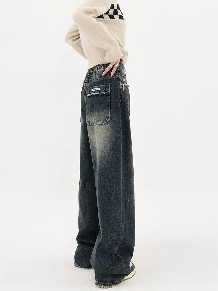 Womens Jeans American High Street Deep Blue Wide Leg Summer Slim Loose Straight Pants Waist befree plus size 231005