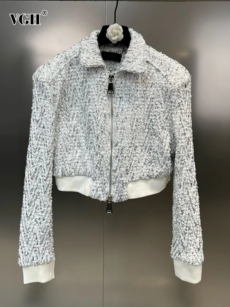 Women's Jackets VGH Solid Patchwork Sequins Loose Coat For Women Lapel Long Sleeve Spliced Zipper Minimalist Tweed Coats Female Fashion Clothes 2