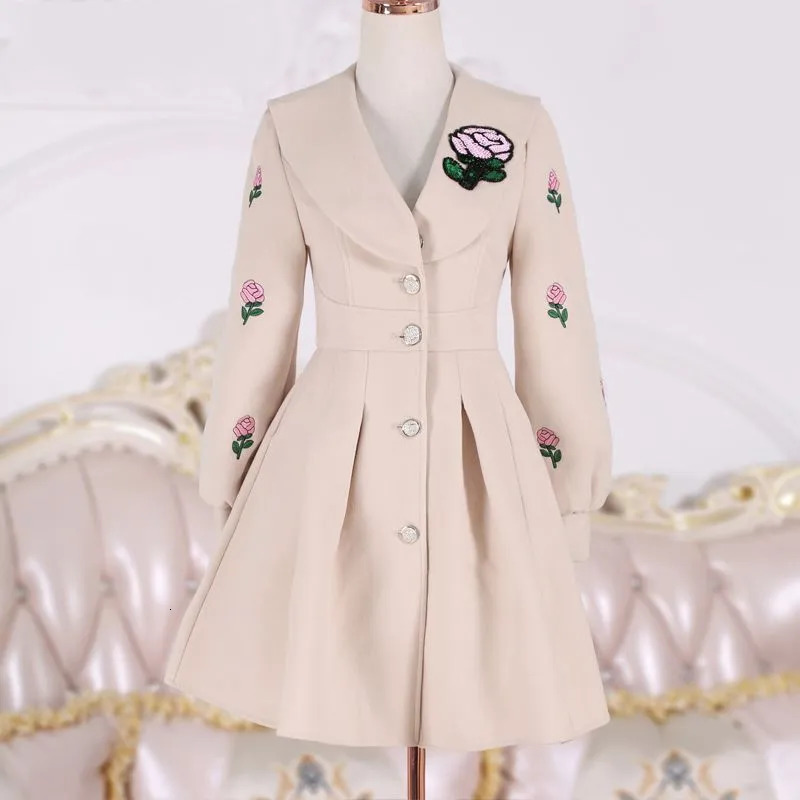Women's Wool Blends Beige Embroidered Long Sleeved Woolen Jacket Women's Coat Slim Fit Medium Length Jacket Winter Thickened Style 231006