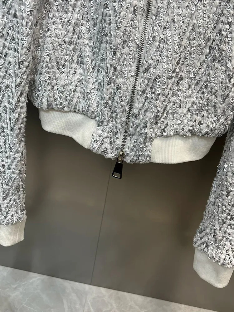 Women's Jackets VGH Solid Patchwork Sequins Loose Coat For Women Lapel Long Sleeve Spliced Zipper Minimalist Tweed Coats Female Fashion Clothes 2