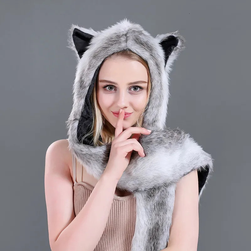 Hats Scarves Sets Faux Fur Animal Wolf Tiger Ears Hat Gloves Mittens Long Scarf Snood Hood Paws 231006