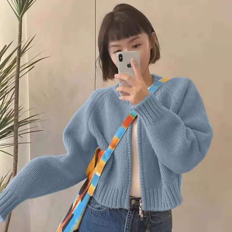 Women's Knits Tees MEXZT Solid Knitted Cardigan Women Sweet Zipper Cropped Sweaters Korean Vintage Casual Knitwear Coat Loose Short Jumpers Jacke