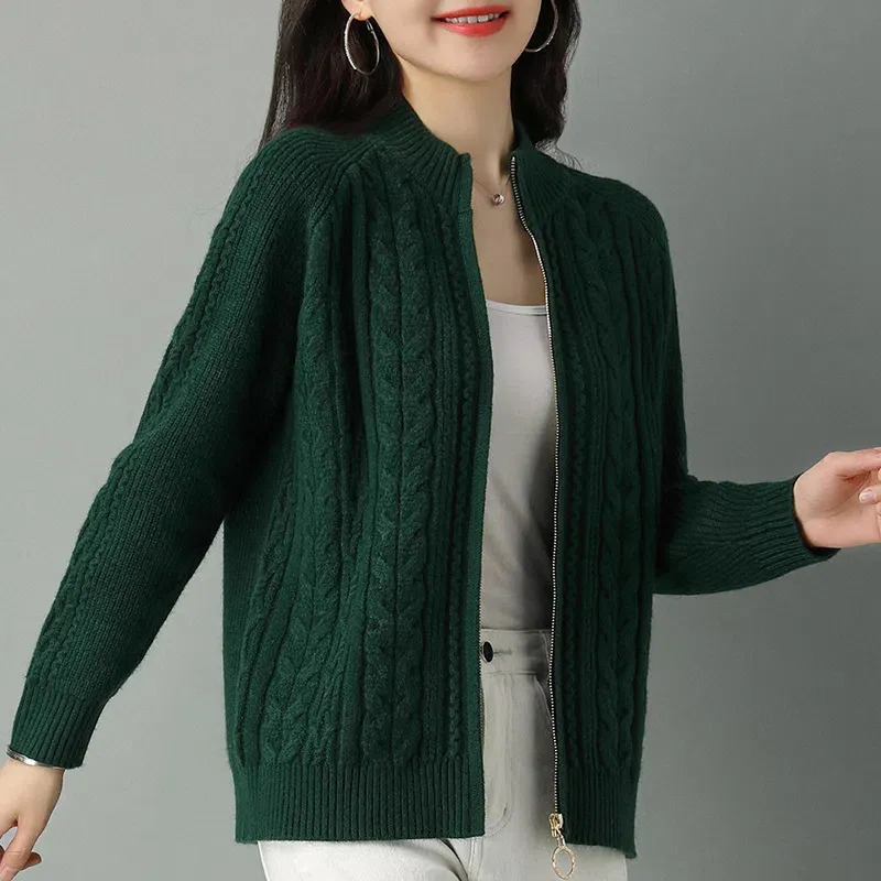 Women's Knits Tees Half High Collar Zipper Knitted Cardigan Jacket Women Autumn Style Solid Color Raglan Sleeve Cardigans Thicken Sweater Coat 23