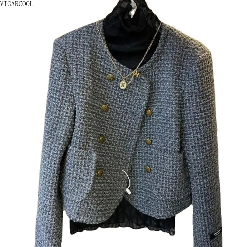 Women's Jackets Grey Fashion Double Breasted Short Suit Coat Women's Autumn Fashion Wearing Thick Tweed High Grade Celebrity Female Top 2310