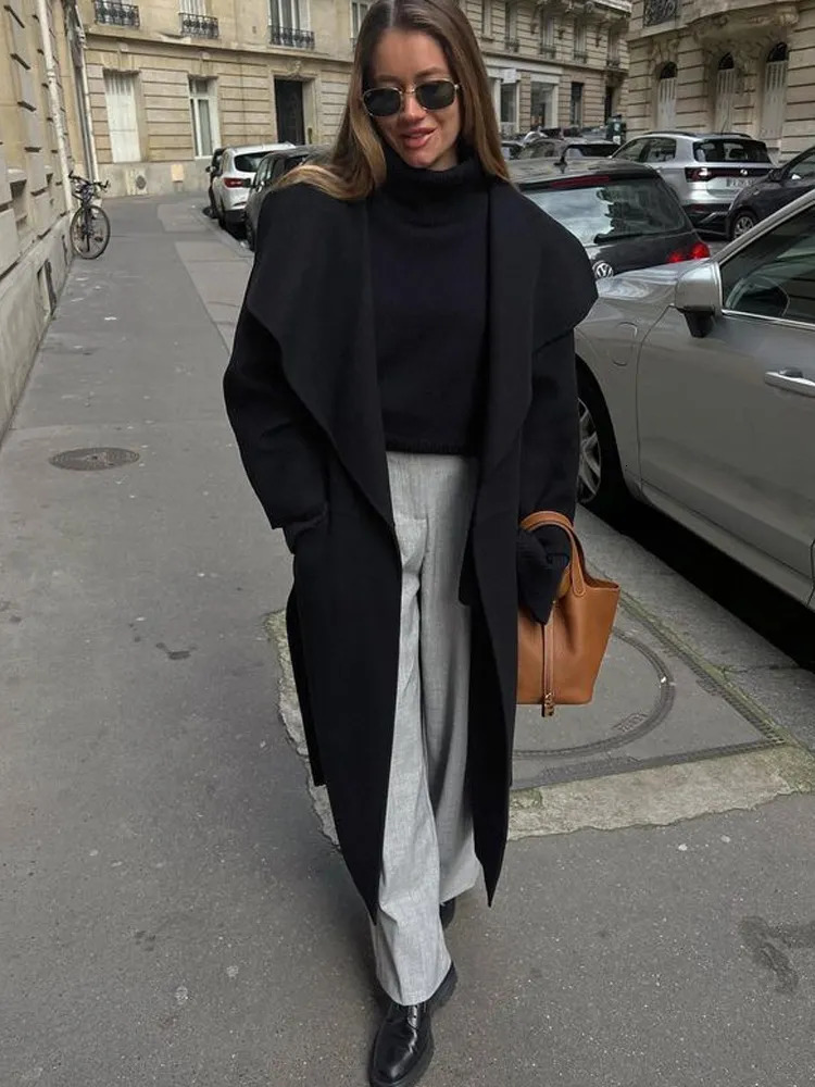Women's Wool Blends Faux Woolen Coat Women Autumn Winter Long Overcoat Female Elegant Fashion Lapel Maxi Jacket Ladies Vintage Loose Pocket Coats