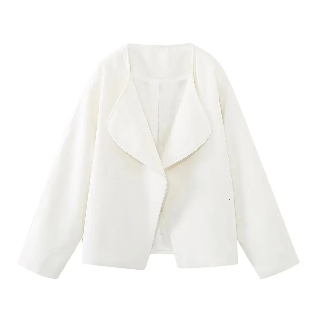 Women's Jackets TRAF White Cropped Jacket For Women Long Sleeve Cardigan Tweed Jacket Woman Fashion Autumn In Coats Y2K Open Short Coats 231006
