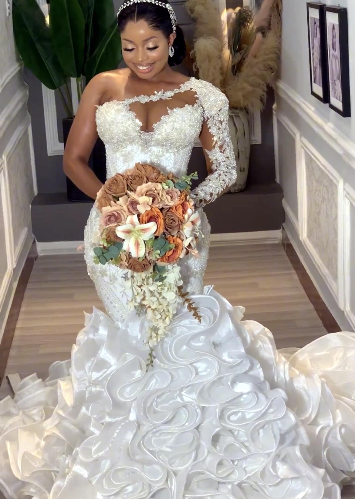 Oct Arabic Aso Ebi Plus Size Mermaid White Wedding Dress For Bride Lace Beaded Tiers Organza Bridal Gowns Dresses Zj Lz0304