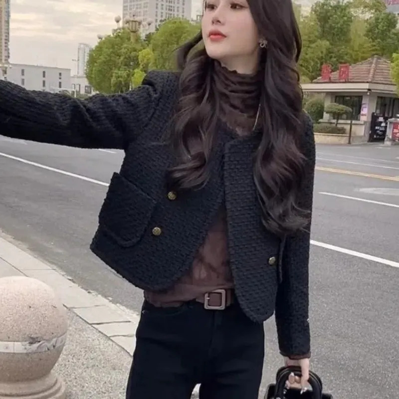 Women's Jackets Grey Fashion Double Breasted Short Suit Coat Women's Autumn Fashion Wearing Thick Tweed High Grade Celebrity Female Top 2310