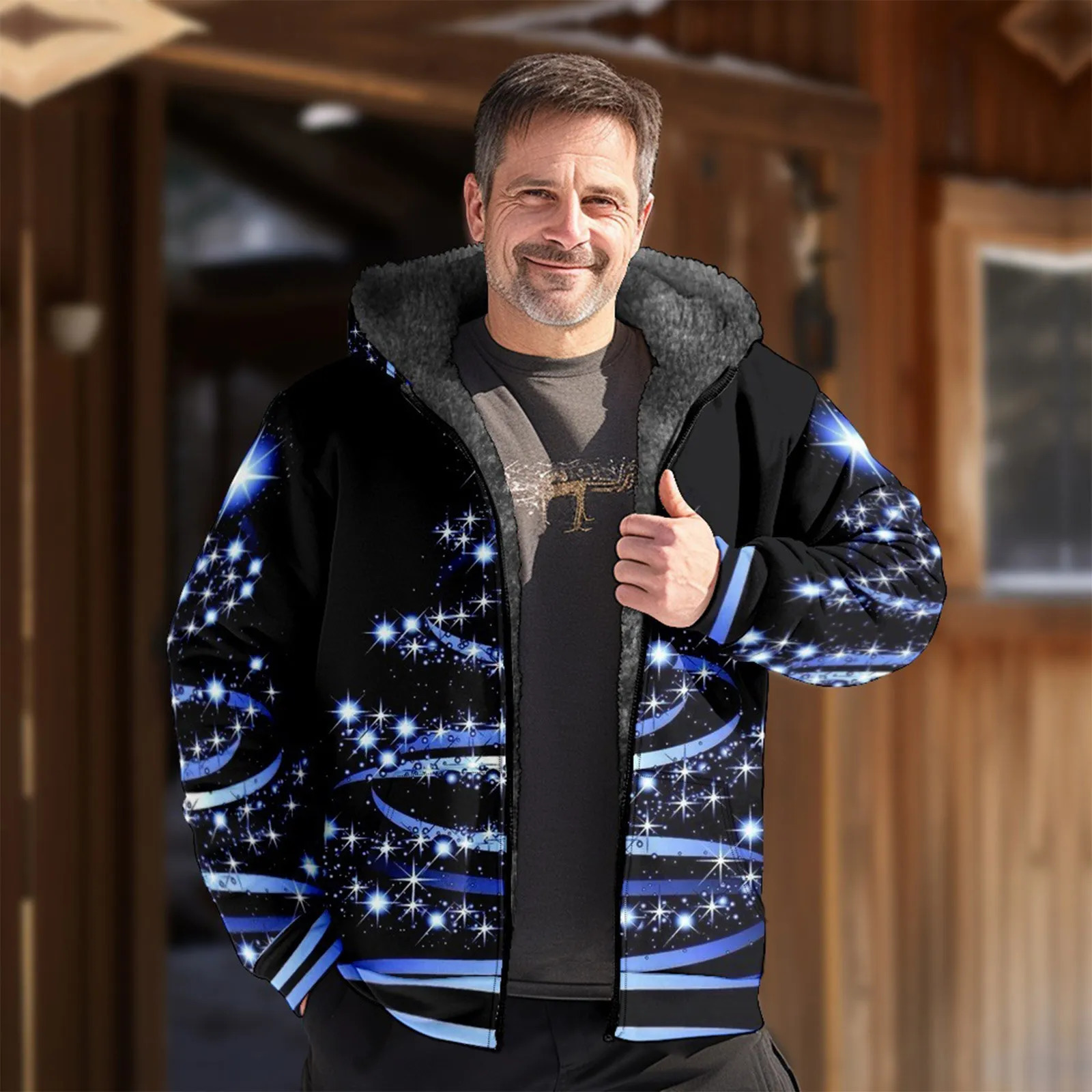 Men's Down Parkas Christmas Print Jacket Stylish Men Plush Lining Dressing Temperament Windproof Fleeced Lined Windbreaker Coat 231005