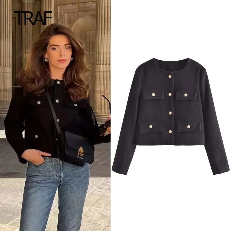 Women's Jackets TRAF Tweed Bomber Coat Demi-Season Jacket For Women Long Sleeve Top O-Neck Outerwear In Coats Chic And Elegant Woman Coat 231006