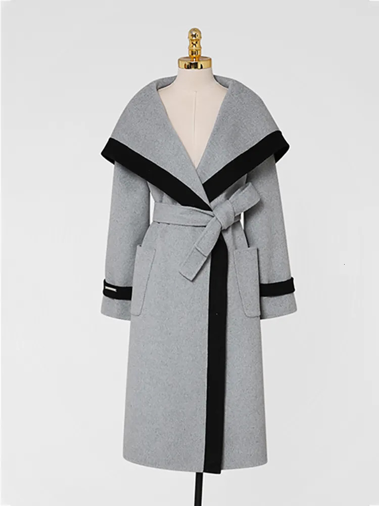 Women's Wool Blends DEAT Fashion Women Woolen Coat Double-sided Long Sleeve Lace-up Waist Contrast Color Elegant Windbreak Winter 13DB3773 231006