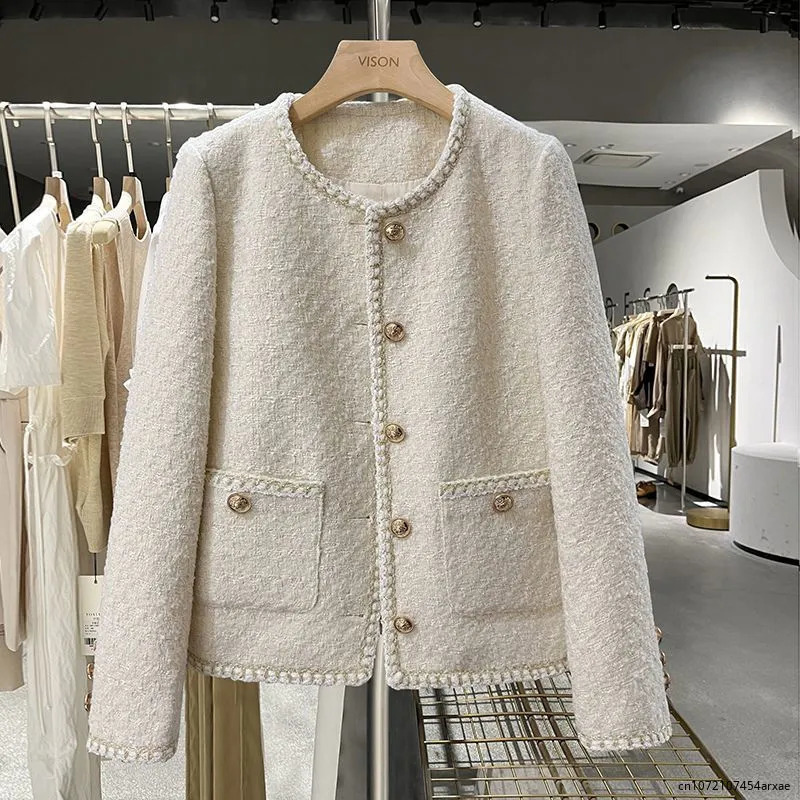 Women's Jackets Elegant Spring Autumn Round Neck Woolen Coats Women Korean Fashion Office Lady Coats Beige Chic Button Short Tweed Jacket 231006