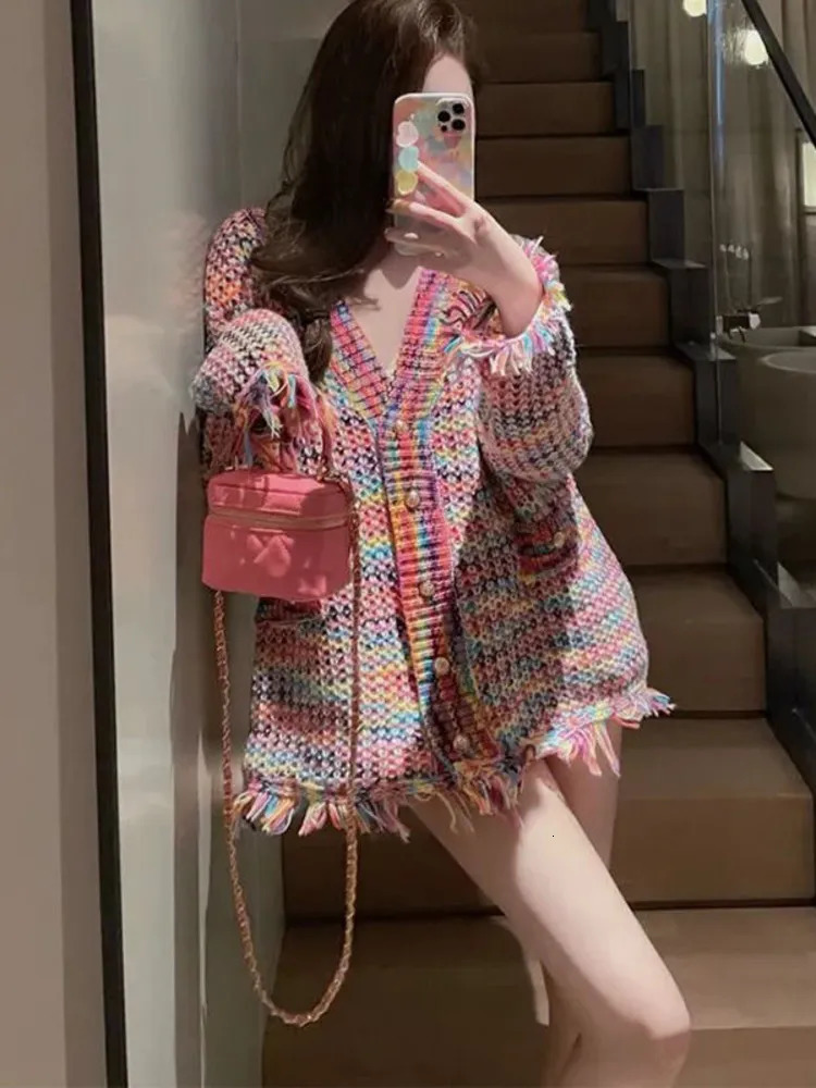 Women's Knits Tees Autumn Rainbow Color Knitted Sweater Women Fashion Tassel Decoration Cardigan Vintage Single-Breasted Causal Tops 231006