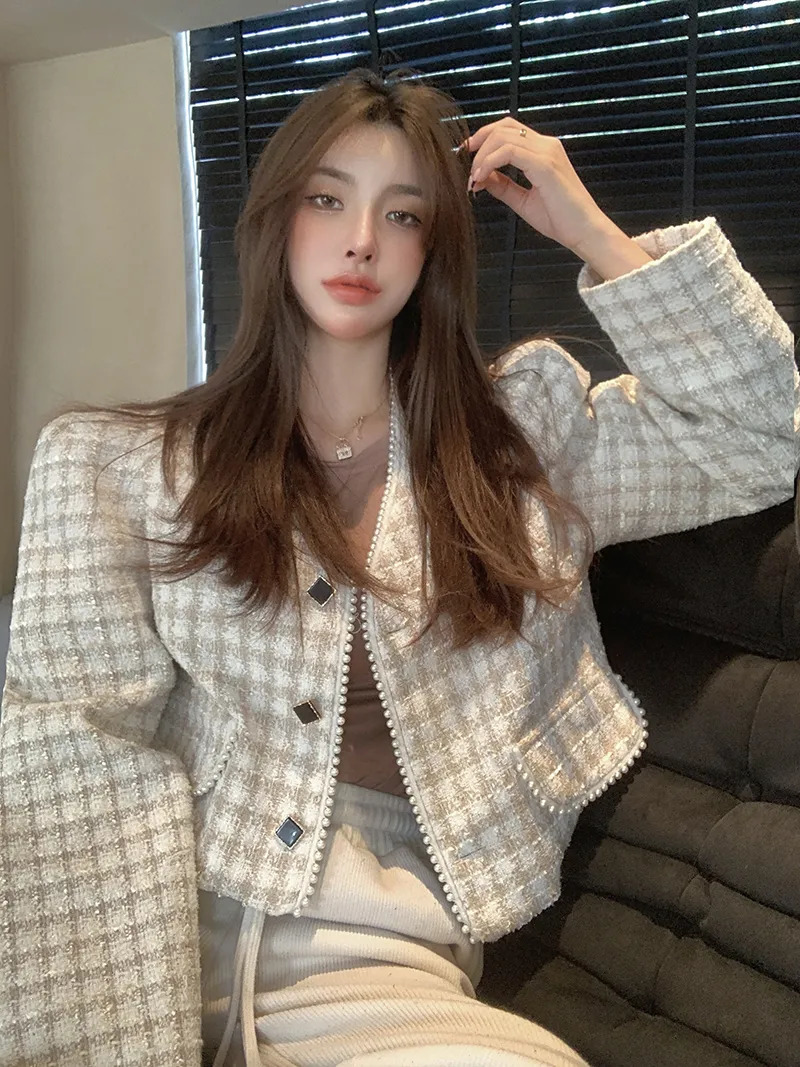 Women's Jackets Women Autumn Winter Pattern Plaid Pearl Edge Temperament Fragrant Coat Girl Tweed Jackets 231006