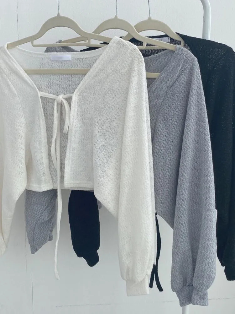Women's Knits Tees Thin White Cardigan Women Summer Sunscreen Lace-up Knitwear Tops Lady Korean Style Casual Lantern Sleeve Short Sun Protected T