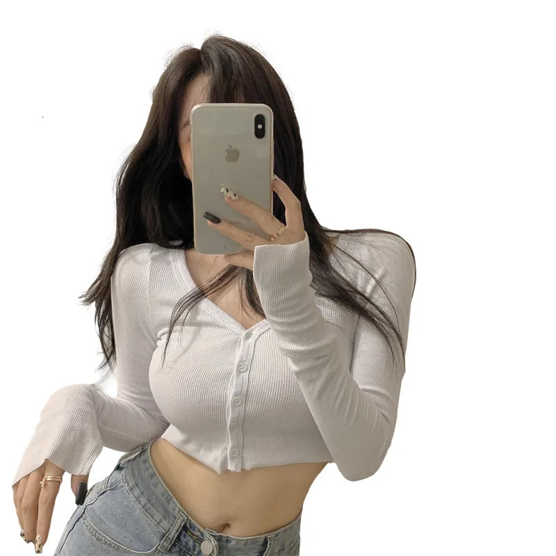 Women's Knits Tees Spring Sexy Low-cut V-neck Long-sleeved Knitted Cardigan Women Short Thread T-shirt Navel Bottoming Shirt Tight Top 231006