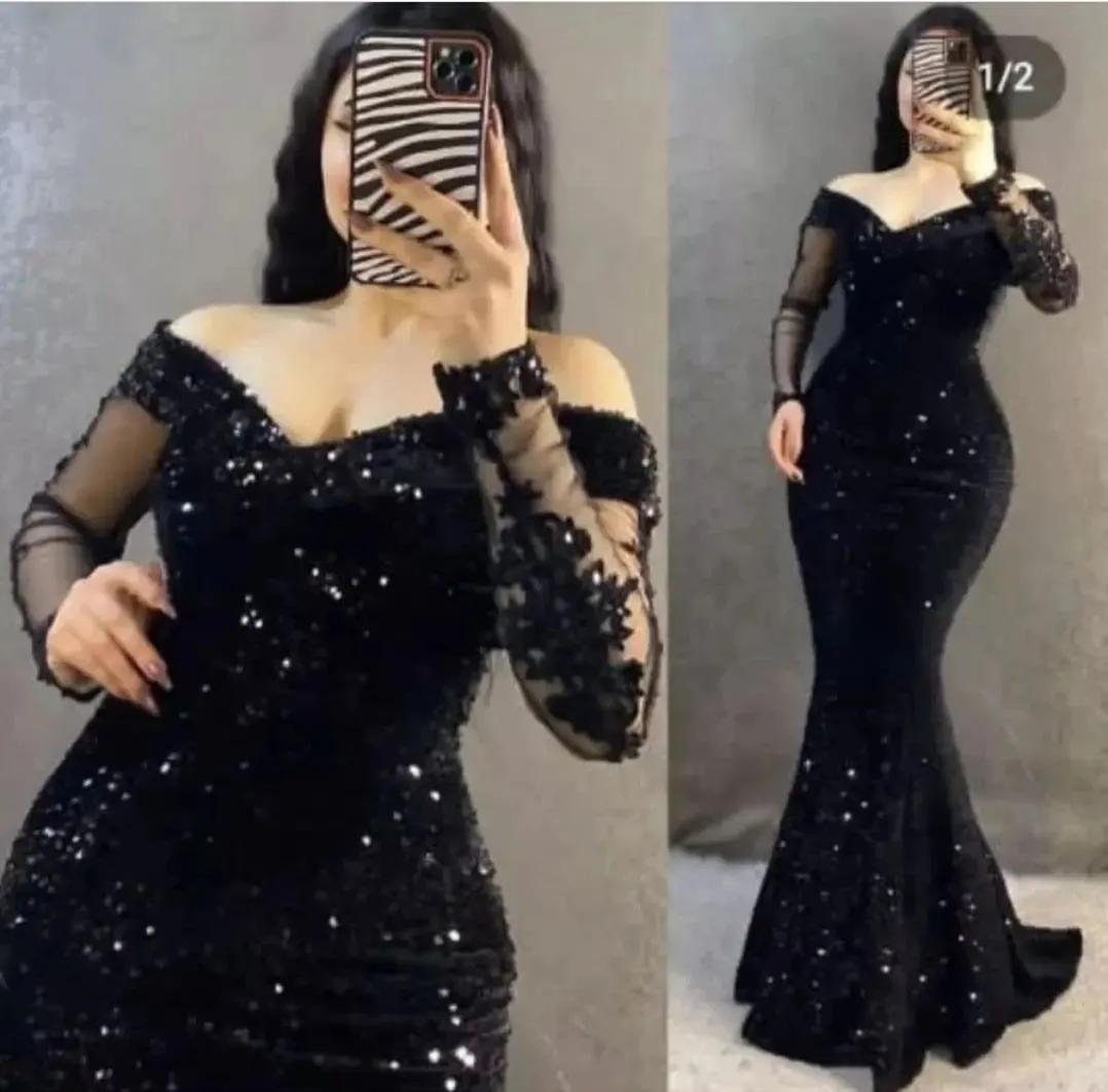 Glitter Burgundy Mermaid Evening Dresses Off the Shoulder Long Sleeves Beaded Lace Sequined Party Gowns Women Formal Prom Dress Plus Size Special Occa