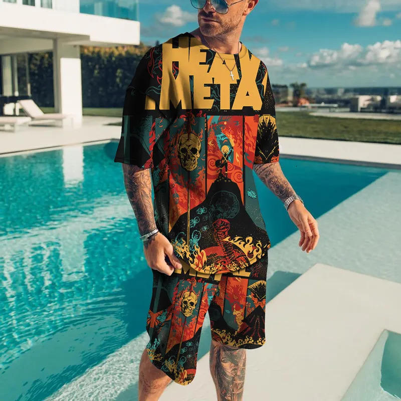 Men's Tracksuits Summer Tshirt Shorts 2 Pieces Set Tracksuit Men's Oversized Clothes Vintage Streetwear Skull 3D Printed Men Sets Short Outf