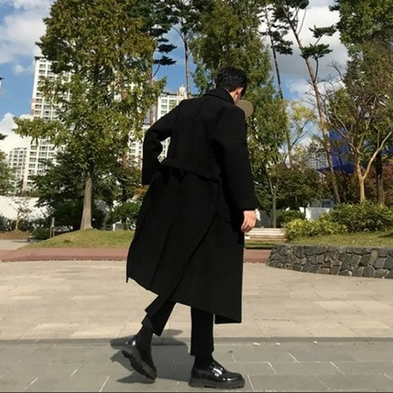 Men's Wool Blends Men Black Wool Blends Coats Vintage Japan Style Loose Sashes Casual Harajuku Outwear Over Knees All-match Thickening Warm Korea