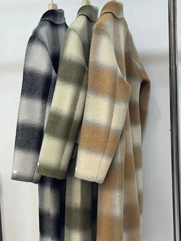 Women's Wool Blends UCXQ vintage contrast color black white plaid notched double breasted woolen coats casual loose long sleeve jacket autumn 231