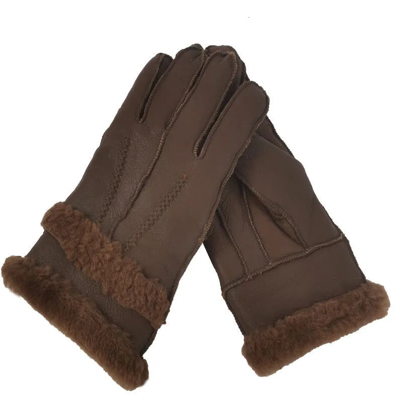 Five Fingers Gloves Fur Integrated Gloves Winter Men's Warm Sheepskin Wool Fivefinger Thickened Wind and Cold Outdoor Riding Leather Gloves 23100