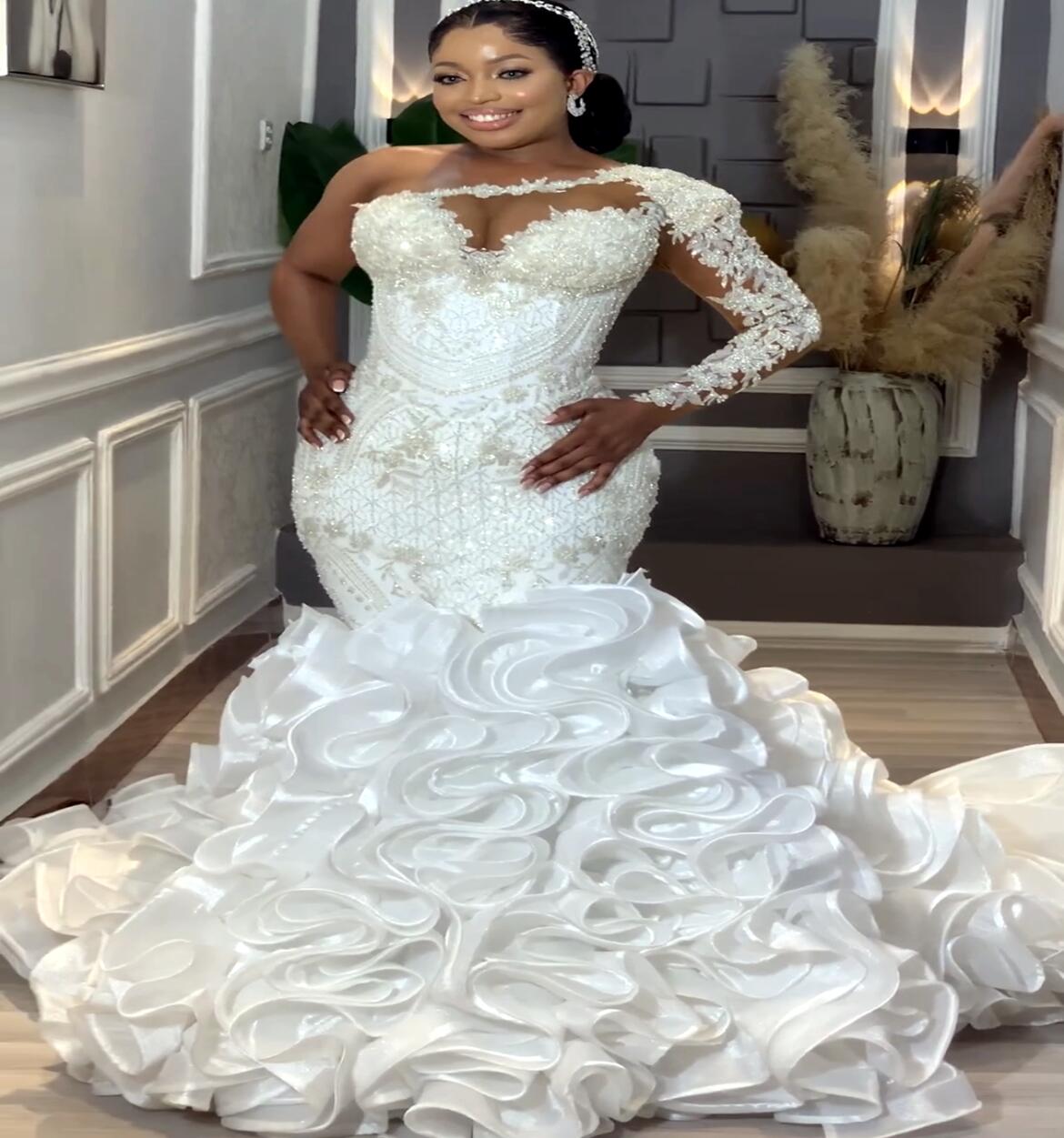 Oct Arabic Aso Ebi Plus Size Mermaid White Wedding Dress For Bride Lace Beaded Tiers Organza Bridal Gowns Dresses Zj Lz0304