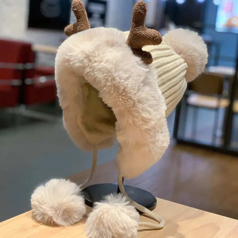 BeanieSkull Caps Winter Beanie Hat for Women Warm Lined Pompoms Antler Earflap Hat Cute Skull Cap Outdoor Ice Skating Biking XMAS Gift 231006