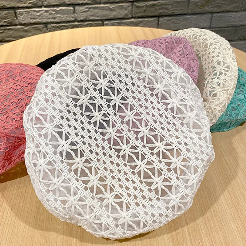 Berets Multi Colored Summer Crochet Beret for Women Slouchy Breathable Lace Beret Hat Cutout Floral Beanie Cap Head Covering Cotton Hat 231006
