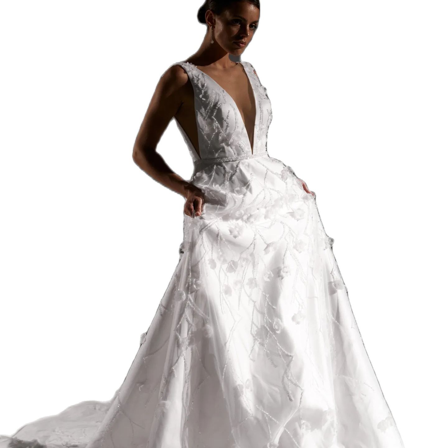 Haute Couture Gorgeous A Line Wedding Dress 3D Flowers Appliques Bridal Gowns Deep V Neck Sweep Train Bride Dressses