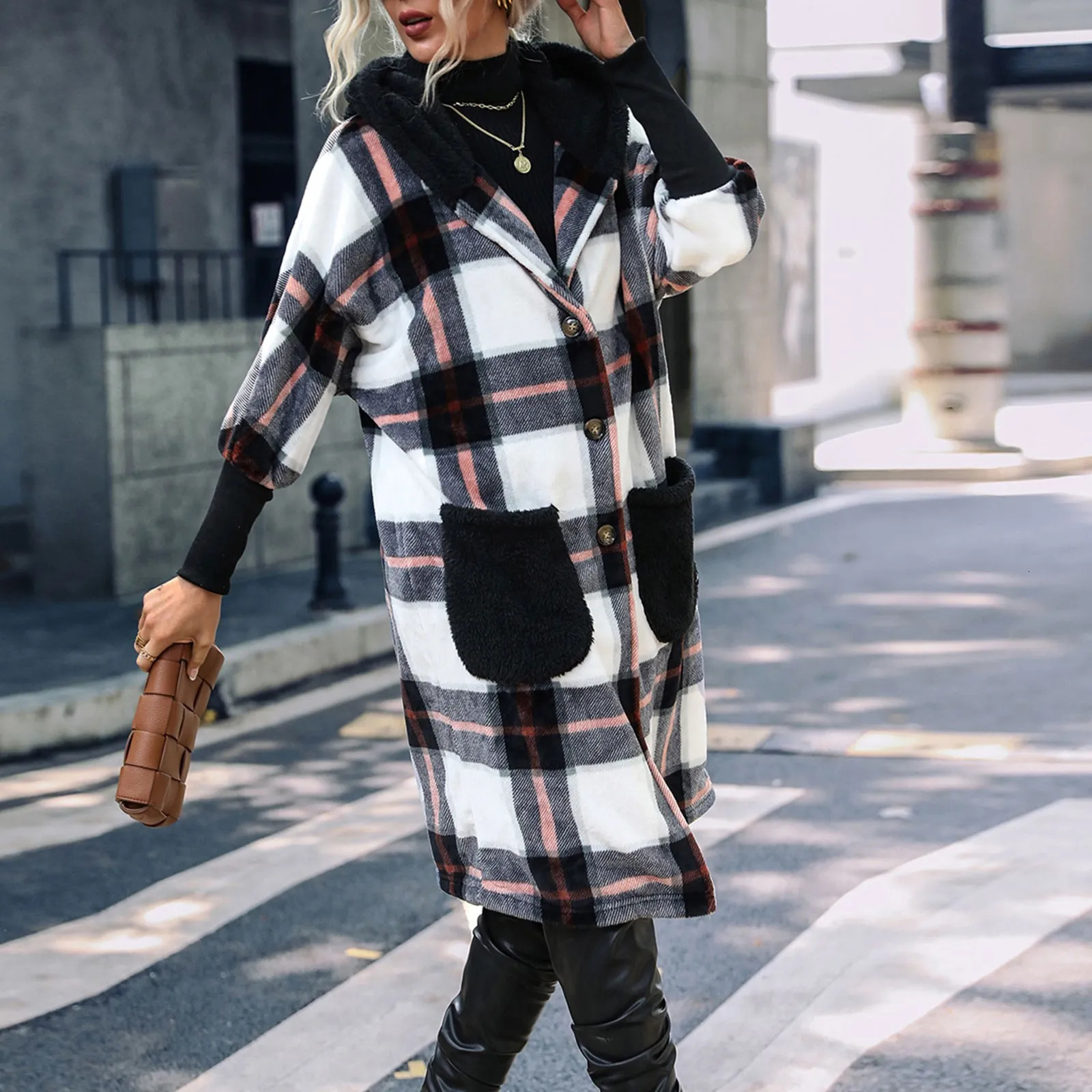 Women's Wool Blends Autumn And Winter Warm Woolen Coat Women'S Plush Plaid Coat Long Sleeved Patchwork Coat Double Sided Plush Long Coat Abr