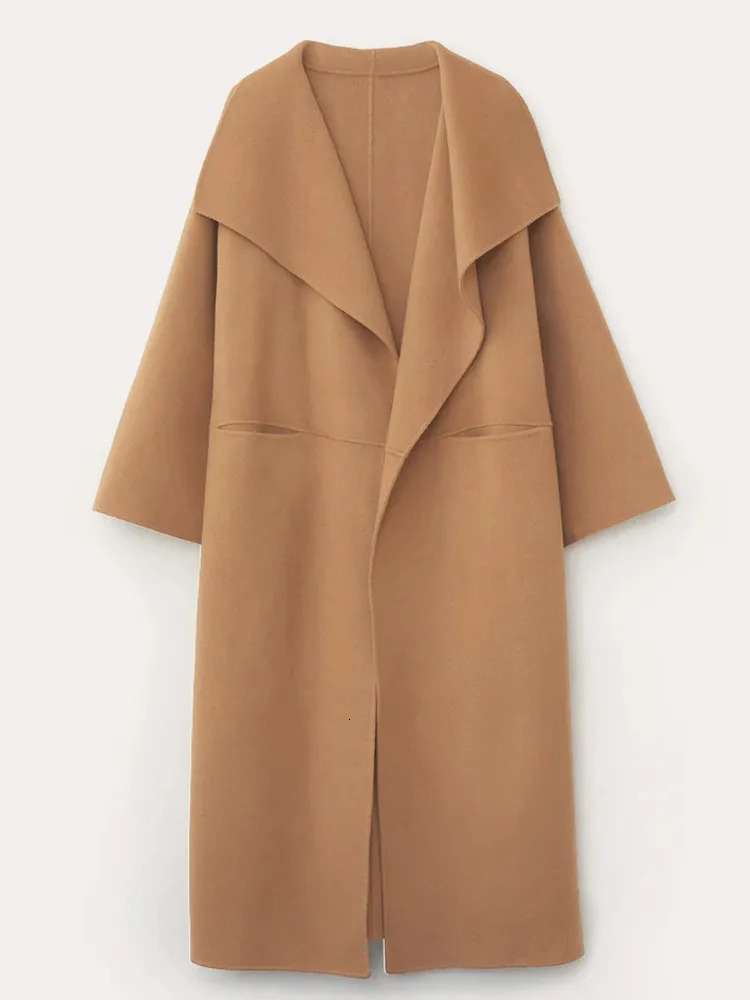 Women's Wool Blends Faux Woolen Coat Women Autumn Winter Long Overcoat Female Elegant Fashion Lapel Maxi Jacket Ladies Vintage Loose Pocket Coats