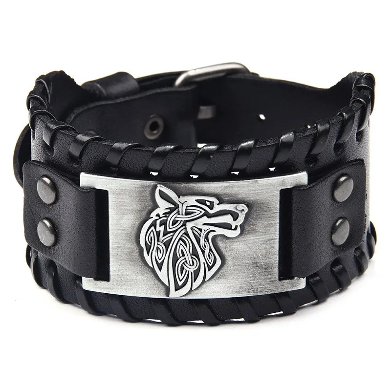 Bangle Vintage Viking Leather Braided Bracelet for Men Celtic Wolf Head Bracelets Classic Animal Motifs Jewelry On The Hand Accessories 231006