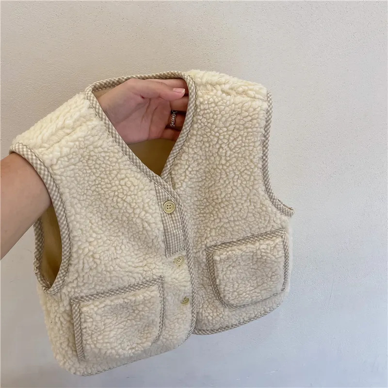 Waistcoat Winter Warm Kids Vest Solid Baby Sleeveless Lamb Wool Coat Children Thicken Vest Cotton Girls Windproof Vest Children Jacket 231005