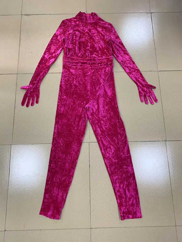 Women s Jumpsuits Rompers Celebrity Fashion Jumpsuit Rosered Color Velvet Women Long Sleeve Sexy Bodycon Full Length Red Carpet Wear 231005