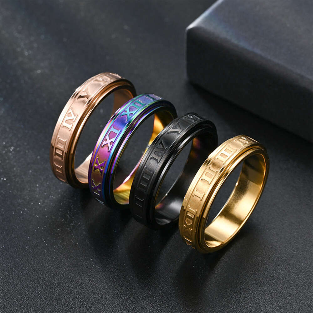 Hip Hop Punk Rotable Ring Men's Stainless Steel Roman Digital Rings Engraved Versatile Couple Ring Black Gold Mens Wholesale Engagement Gothic Je