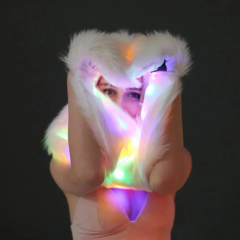 Hats Scarves Sets Women LED Hat Scarf Creative Multicolor LED Light Up Faux Fur Animal Ears Hood Hat with Scarf for Festival Glow Party navidad 231006