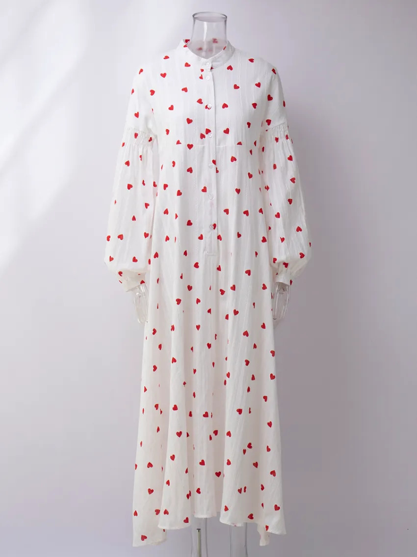 Basic Casual Dresses Bornladies Jacquard Heart Print Long Sleeve Dress Women Fashion Loose Vestidos Vintage Female Aline 100 Cotton Summer 231005