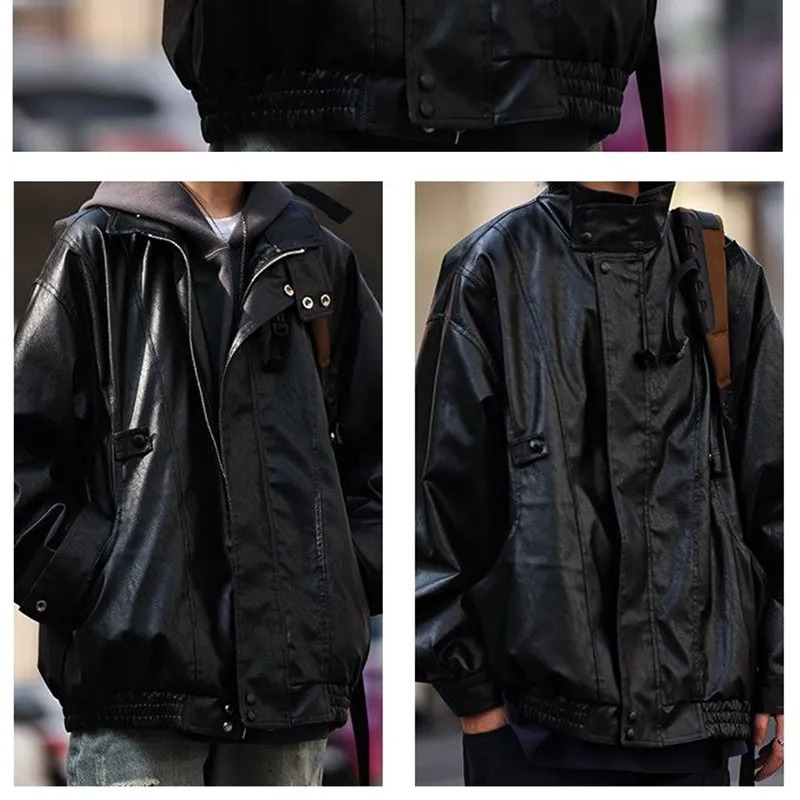 Men's Leather Faux Leather Y2K Street Vintage PU Leather Jacket Men's Autumn and Winter Casual Loose Versatile Stand Up Collar Leather Coat 